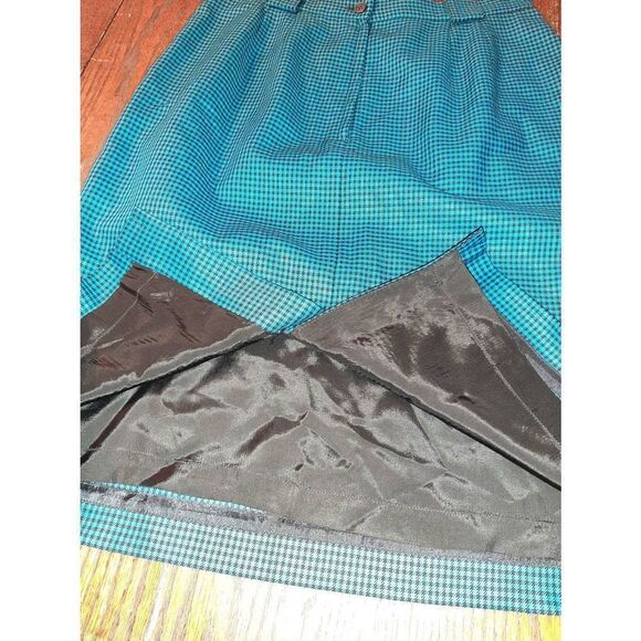 Sz 12 Liz Claiborne Collection Teal Black Check Wool Midi Skirt Lined Rear Slit - Picture 4 of 4